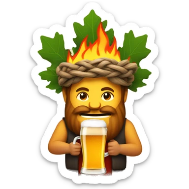 man on fire with oak-tree wreath on his head and beer in his hands sticker
