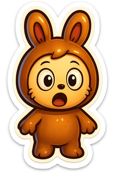 Change the brown bunny character's face to a surprised expression with wide eyes and open mouth, keeping the same retro stickers style. sticker