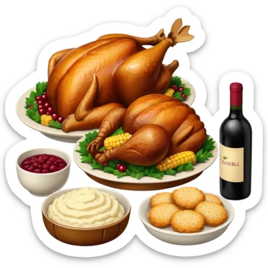 Thanksgiving Dinner with friends of all different races; have the food be a cooked turkey, mashed potatoes, corn, a basket of biscuits, a small bowl of cranberry sauce, baked yams, steamed vegetables, and a bottle of wine. sticker