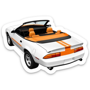 3rd generation 1992 convertible Camaro, white with orange hood and deck stripes, rear angle sticker