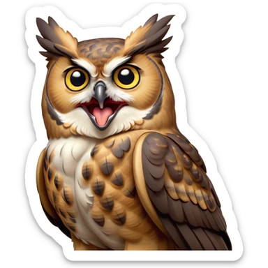 Cinematic Cute Yawning Great Horned Owl Portrait Emoji, Head tilted slightly with a dramatic, wide-open yawn, showcasing a soft, downy mottled plumage with gently drooping feathers, round golden eyes barely open in drowsy contentment, Simplified yet irresistibly adorable features, highly detailed, glowing with a soft, cozy glow, high shine, relaxed yet expressive, stylized with a touch of nocturnal whimsy, bright and endearing, soft glowing outline, capturing the essence of a sleepy yet affectionate owl, so drowsy it feels like it could glide out of the screen and curl up for a nap! sticker