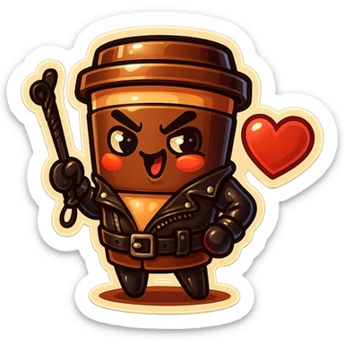Tall coffee cup, dressed in leather holding a whipping paddle, mischevious, heart sticker