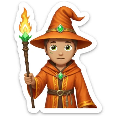 Cinematic Realistic Fire wizard,  A male fire wizard with green eyes and a bright light from the right side with a wizard's fire wand  sticker