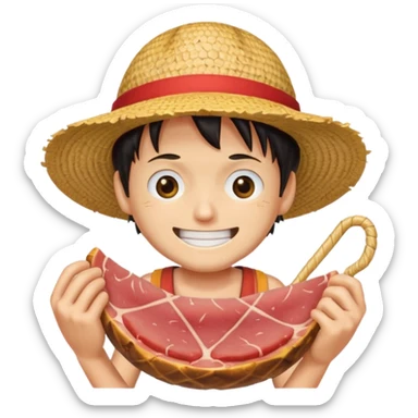 An emoji of luffy in a straw hat in one piece eating meat and laughing.  sticker