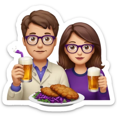 German man with glasses and brown hair and woman with glasses and brown hair eating schnitzel, red cabbage, potatoes, and drinking a beer sticker