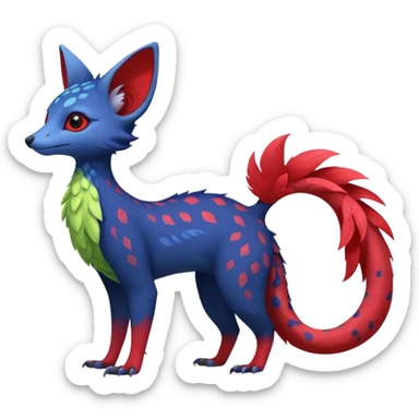 Feral Rare Fantasy vibrant tropical red and indigo and lime-colored Vernid-Trico-species-creature by LiLaiRa, random markings, tufted tail, tufted ears, full body sticker