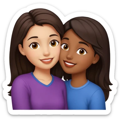 A girl kisses her friend The girls' hair color is dark brown. With wheatish skin  sticker