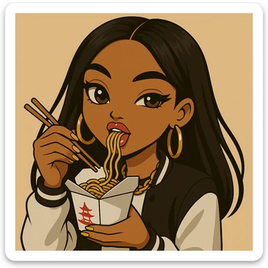 Change the pose to a headshot only of a 20-year-old anime Bratz style woman with dark skin, straight hair, trendy outfit, big expressive eyes, glossy lips, no hat, no tears, happy expression, looking straight ahead, eating out of a to-go Chinese food container with chopsticks. sticker