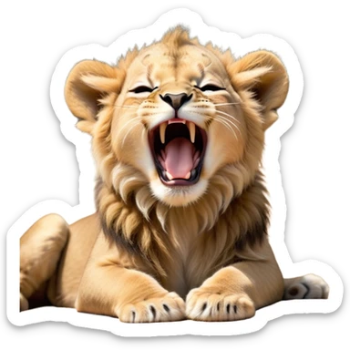 Cinematic Cute Yawning Lion Cub Portrait Emoji, Head tilted slightly with a dramatic, wide-open yawn, showcasing a soft, downy tawny Fur with a majestic mane, floppy ears slightly drooping, round amber eyes barely open in drowsy contentment, Simplified yet irresistibly adorable features, highly detailed, glowing with a soft, cozy glow, high shine, relaxed yet expressive, stylized with a touch of savannah whimsy, bright and endearing, soft glowing outline, capturing the essence of a sleepy yet affectionate Lion Cub, so drowsy it feels like it could stretch out of the screen and curl up for a nap! sticker