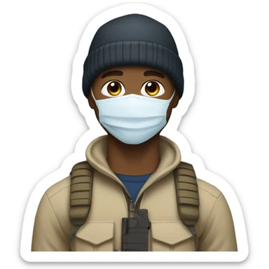 White male, face mask, tan tactical gear, tan pants, combat boots, black beanie, blue eyes sticker