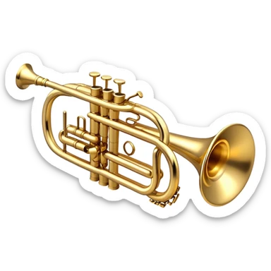 Cinematic Realistic Trumpet, polished brass with warm golden reflections, intricate valve details subtly highlighted, soft hands pressing the keys, glowing with bold and triumphant musical energy. sticker