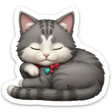 dark grey and white small cat with closed eyes, leaning his head on his paw while leaning on his elbow lying down sticker