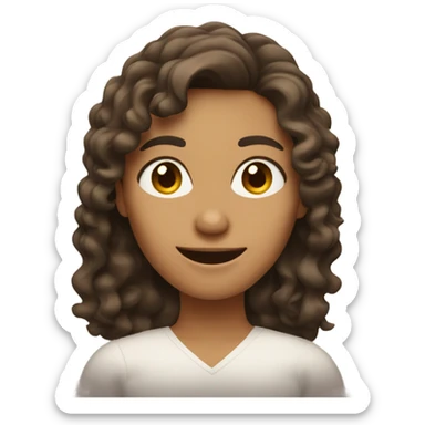 a woman with wavy hair and brown eyes with a thumbs up sticker