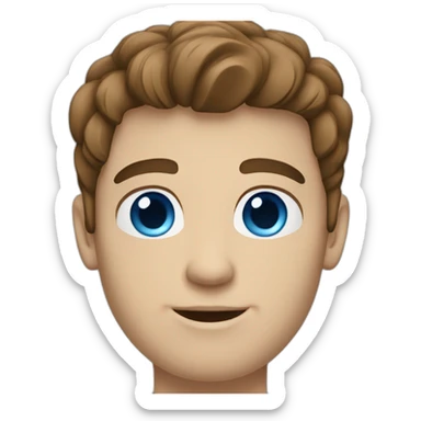 A white guy with brown hair with an middle part and blue eyes with sticker