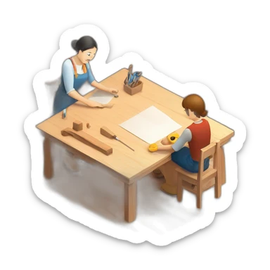 isometric square transparent solid outline border containing indoor woodworking teacher with student teaching in creative workshop on long table sticker