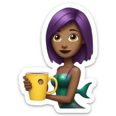 mermaid with a purple tail and a short bob haircut, brown hair, holding a cup of coffee in a yellow package sticker