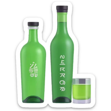apple style 3D emoji of a green soju bottle and a small glass, with a glossy finish sticker