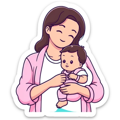 brunette mom cuddling baby with pastel pink clothing and accessories sticker