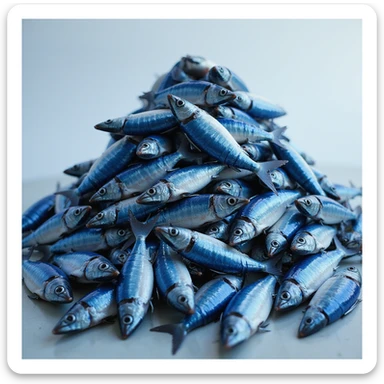 large, realistic pile of blue fish, loosely pyramid-shaped, not a perfect triangle, photorealistic style, variation 3 sticker