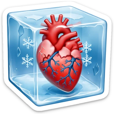 A highly detailed, realistic human heart frozen solid inside a transparent cube of ice, with visible cracks, frost, and cold mist surrounding it, dramatic lighting, dark background sticker
