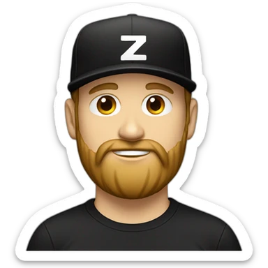 white guy with a beard, black cap with a "z" logo, black t-shirt with a "z" logo on a desk sticker