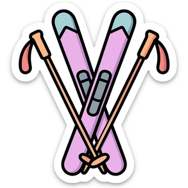 cross-country skis standing with poles crossed in front, icon-color-outlined style, detailed shading, thin clean outlines, soft rounded features, pastel palette #98B5BC #B5B3C1 #C9A3C9 #E4C0CA #F7DCD1 #F7C0AA, Japanese pop art, sticker look, highly detailed, vector clarity, soft lighting, subtle shadows, transparent background sticker