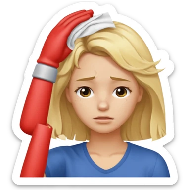 tired blond girl with lightly wavy hair, wipes away sweats from the forehead sticker