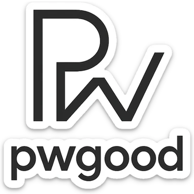 minimalist logo for 'pwgood' featuring an abstract symbol with clean lines, black and white color scheme sticker