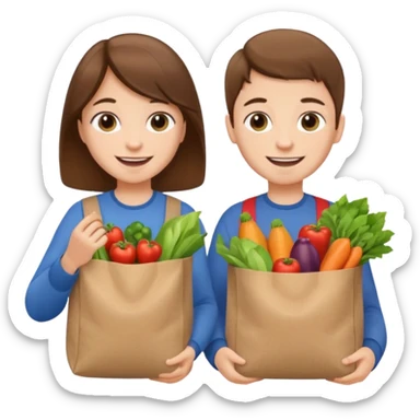 caucasian kids putting groceries in bags smiling brown hair sticker