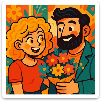 a curly haired girl with yellow eyes and hair parted from the right side, next to a handsome bearded man holding a bouquet, vibrant, playful, and detailed sticker