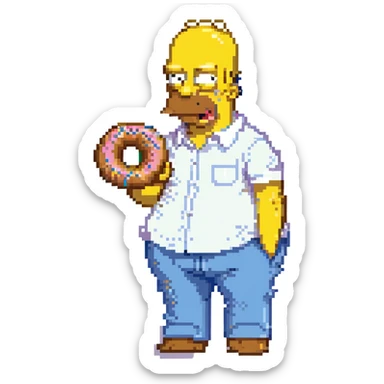 Homer Simpson pixel art style, yellow skin, bald, white shirt, blue pants, eating a donut sticker