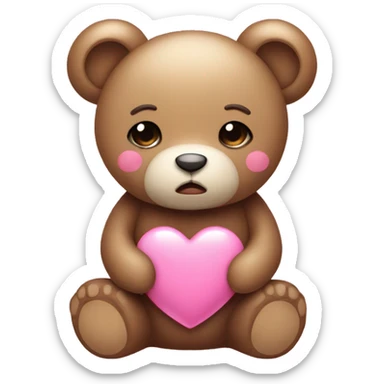 Kawaii Teddy bear with sad eyes holding a pink heart sticker