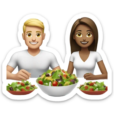 emoji Sporty white couple, man and woman in sportswear, sitting at Christmas festive dinner table only salads. behind them is a Christmas tree sticker
