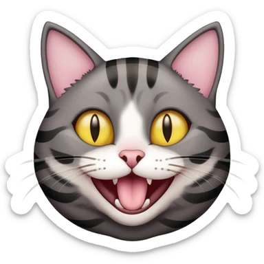 Head of a dark gray-brown striped cat with dark yellow eyes, eyes circled in black, nose light pink, cat laughing  sticker