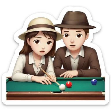 Chinese Girl without glasses and young white man with a hat and glasses brown hair playing table pool, the white man is crying because he lost  sticker