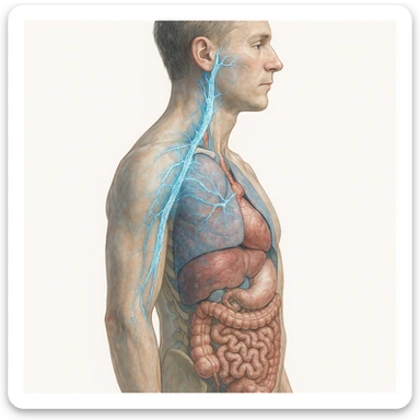 realistic human body with vagus nerve highlighted, lateral view, anatomical details, vagus nerve path clearly visible, ice effect and blue shades along the nerve, transparency showing internal organs, white background sticker