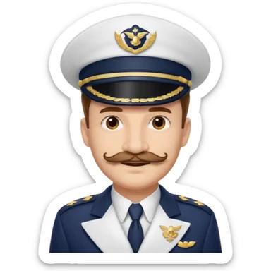 A light-skinned man with brown eyes and original stache, smiling while wearing a white captain’s hat with a navy emblem. sticker
