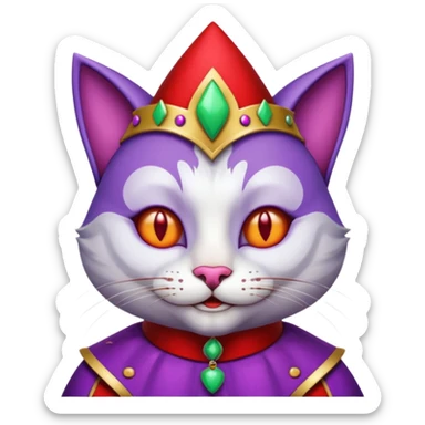 crazy colorful cute little cat jolly joker from poker, medieval, vintage, court jester, mac os icon, purple and red color, chromed inserts, half body sticker