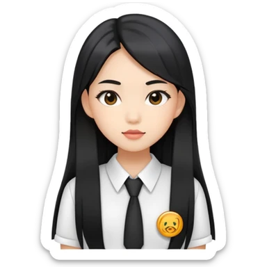 trendy schoolgirl with Asian skin, straight black long hair, chic uniform sticker