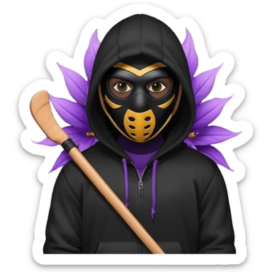 non human male cartoon character related to a shadow, all black skin, with all black clothes, focusing a black hoodie, and a black hockey mask covering his entire face, just his purple shadow eyes making a light bloom, no background sticker