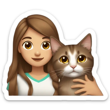 Light skin kabyle girl with long straight brown hair and eyes petting a fluffy brown cat sticker