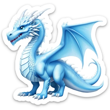 Cinematic Noble wise elegant Ice Dragon full body  Emoji, Poised and imposing, distinct long elegant snout, with a slender, scaled body shimmering in glacial hues of icy blue, frostbitten silver, and crystalline white, breathing out frost, with piercing, glowing ice blue white eyes that radiate the chilling depths of an arctic storm; rendered in detail. excuding wisdom sticker