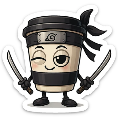 Create three more versions of the ninja coffee cup character: one with a flirty expression, one looking sleepy, and one with a big toothy grin. Maintain the style and transparent background. sticker