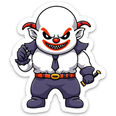 full-body muscular demonic clown in a black and white leisure suit with bellbottom pants, bald, with black ram horns, flashy black and white belt, ruffled white shirt, no neck tie, large fangs, holding a very large futuristic rifle sticker