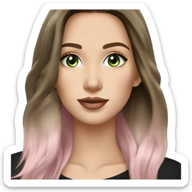 Brunette balayage long hair white woman green eyes black sweater with light pink lips no green hair  sticker