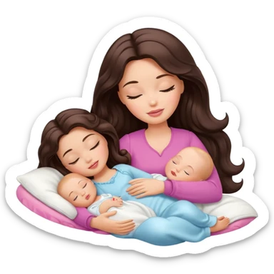 White Barbie girl dark brown long wavy hair sleeping with white baby at cream bed sticker