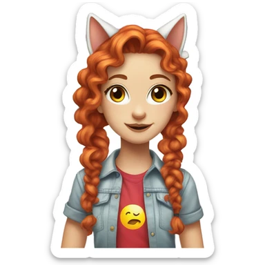 a white girl with long red curly hair in a pony tail with rainbow shirt does peace sign wearing cat ears one black other white sticker