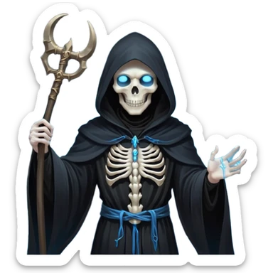 portrait of a god of death in black robes, skeletal hands, glowing blue eyes under a shadowed hood, scythe in hand, floating slightly above the ground, surrounded by spirits sticker