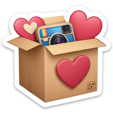 a box with an instagram logo on its face,  open with swipe files inside and hearts, likes  sticker