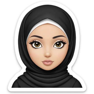 black pretty bratz girl, hijabi, dark black eyes, black eyeliner, pale skin, black clothes sticker